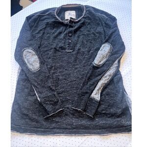 32 Bar Blues‎ Mens XL Distressed Henley Navy Elbow Patch Slub Cotton Shirt